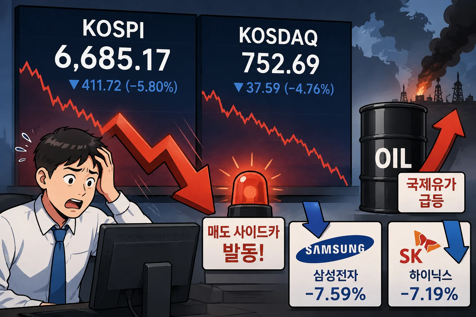 “7천피 하루 만에 무너졌다”…유가 급등에 코스피·코스닥 매도 사이드카