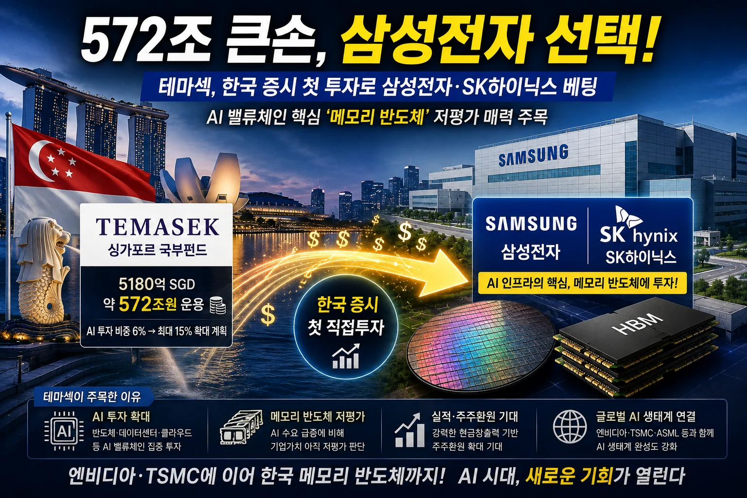 “572조 큰손이 삼성전자 샀다”…테마섹, 한국 첫 투자로 K반도체 선택