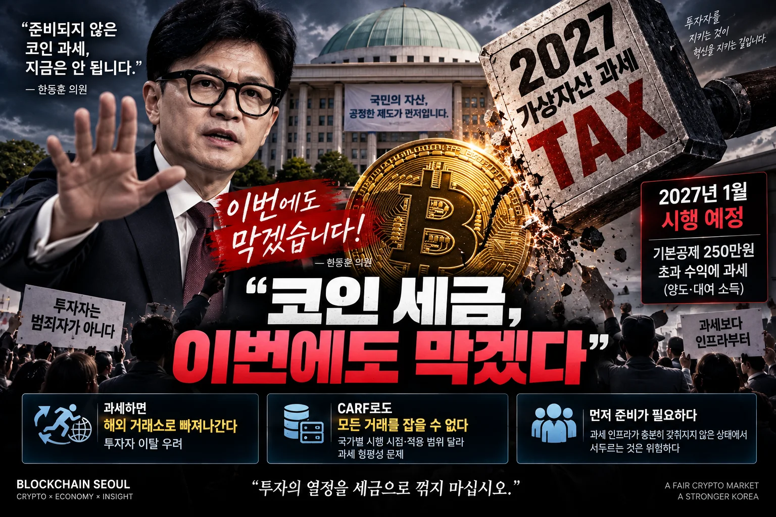 “코인 세금, 이번에도 막겠다”…한동훈 가상자산 과세 유예 전면전